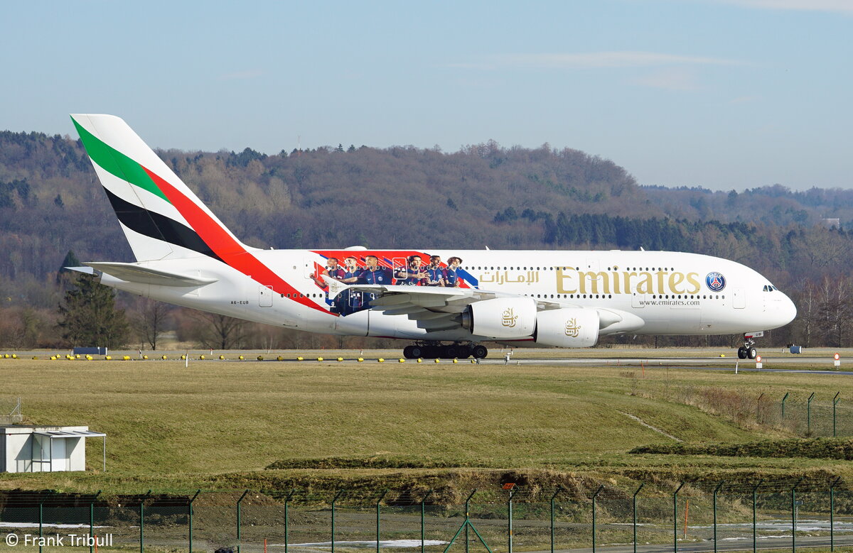 Ein A380-861 von Emirates mit der Kennung A6-EUB aufgenommen am 04.März.2018 am Flughafen Zürich